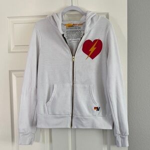 Aviator Nation White Zip Hoodie with Red Heart & Yellow Lightning